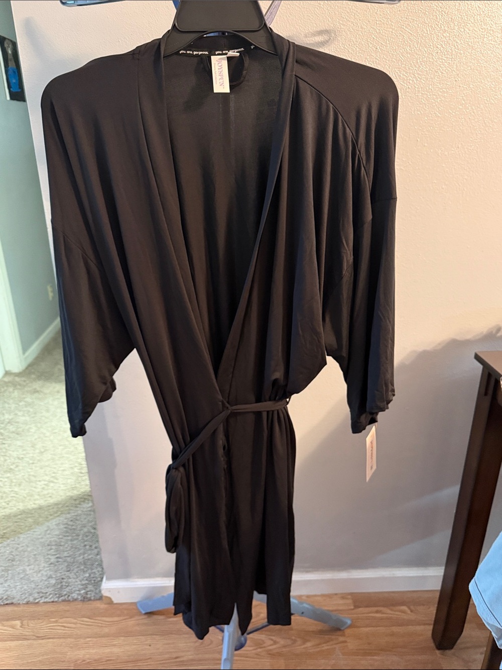 Black Satin-Like Wrap Robe with Self Tie - Unknown Brand